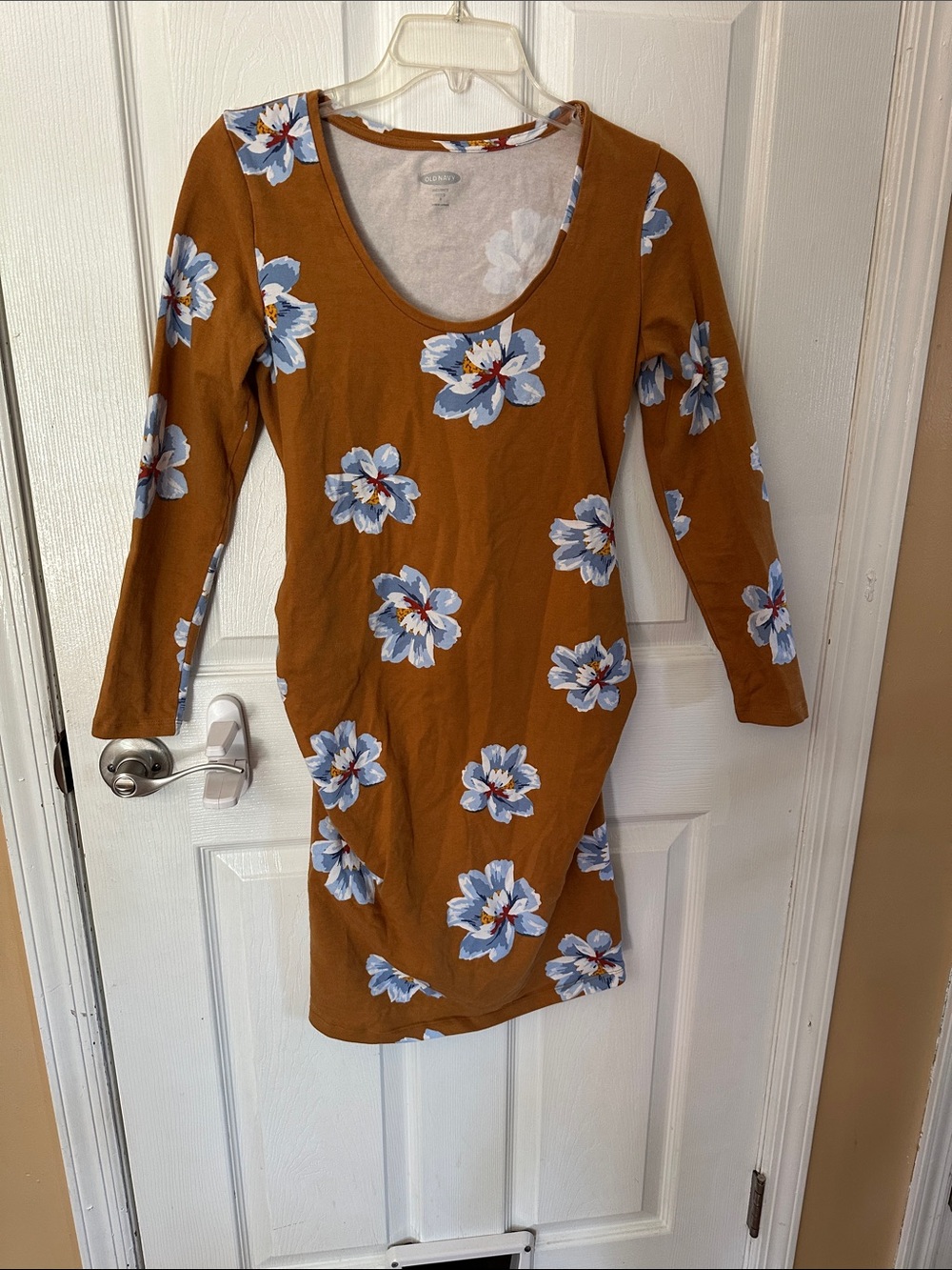 Maternity Floral Scoop Neck Long dress- Rust with Blue Flowers